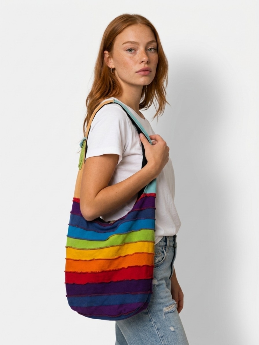 Vibrant Rainbow Striped Cotton Sling Crossbody Bag - GUC